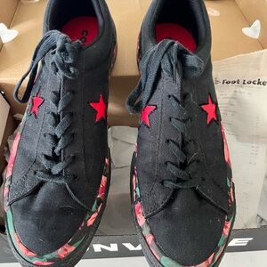 Black Sneakers with Red Stars and Floral Trim